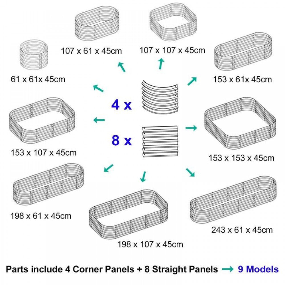 Diagram showing nine layout options for the garden bed thumbnail